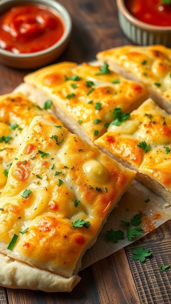 Sliced garlic bread made from pizza dough, garnished with parsley, on a wooden table with marinara sauce.
